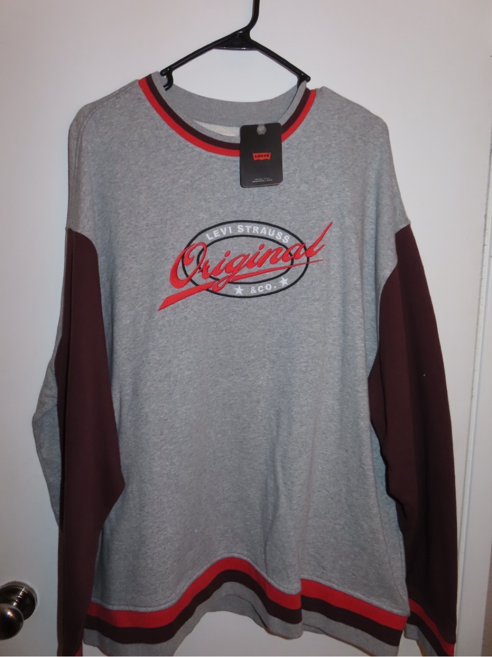 Levi's Grey Sweatshirt with Burgundy Sleeves and Red Accents